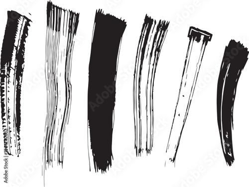 Brush set. Vector black paint brush spots, highlighter lines or felt-tip pen marker. Ink smudge abstract shape stains and smear set with texture