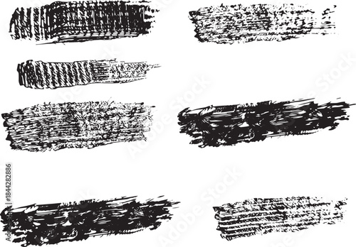 Brush set. Vector black paint brush spots, highlighter lines or felt-tip pen marker. Ink smudge abstract shape stains and smear set with texture