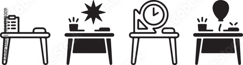 Business desk work icon set with clipboard computer clock and balloon theme concepts