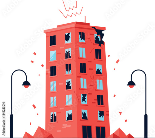 Vector illustration of a damaged leaning building shaking during an earthquake, showing destruction, broken windows, debris, and urban disaster impact.
