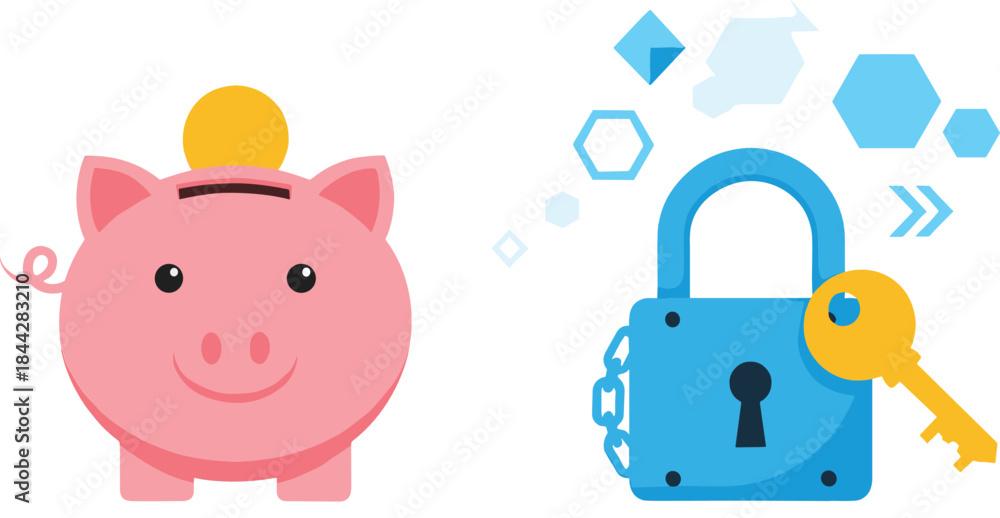 Naklejka premium Vector illustration of a piggy bank with coin and a secure padlock with key symbolizing savings, financial security, and money protection.