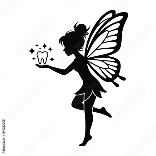 A silhouette of a tooth fairy holding a glowing lost tooth