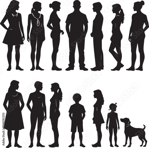 Silhouette Variety: A diverse collection of human silhouettes, each a unique representation of form and posture, standing together to represent individuality and diversity.