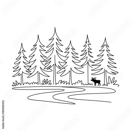 Forest scene with evergreen trees a winding stream and two moose