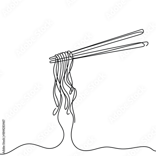 Minimalist line drawing of chopsticks lifting a portion of noodles