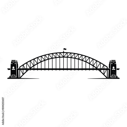 A simple black and white illustration depicting sydney harbour bridge structure