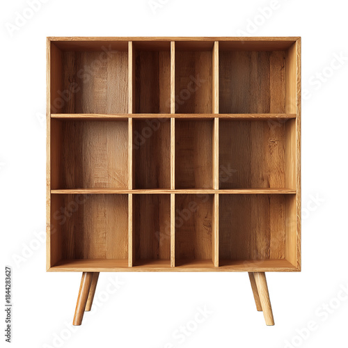 Modern wooden cubby bookshelf with tapered legs  on  a isolated on transparent background
