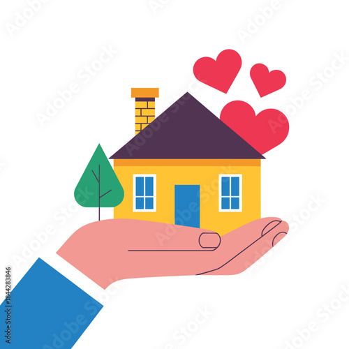A hand gently holding a yellow house with floating red hearts above