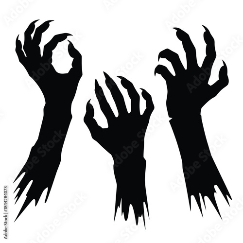 Three silhouetted clawing hands against a stark white background