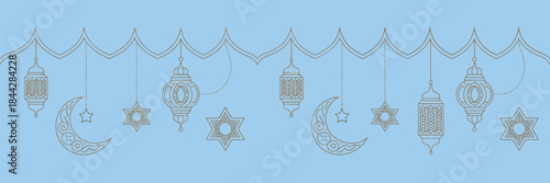 Ramadan kareem border vector design in Islamic art style with decorative lanterns, crescent moon, stars, and Arabic elements, suitable for Eid celebration posters, invitations, and digital greetings.