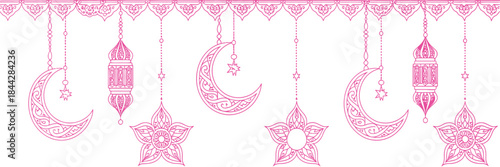 Ramadan kareem border vector design in Islamic art style with decorative lanterns, crescent moon, stars, and Arabic elements, suitable for Eid celebration posters, invitations, and digital greetings.