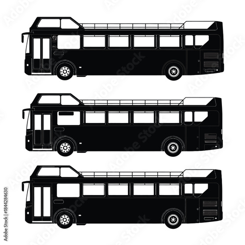 Three black silhouettes of double decker and single decker buses