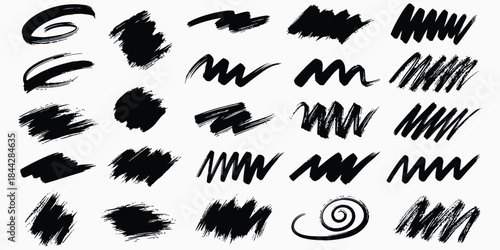 Collection of various black brush strokes isolated on transparent background