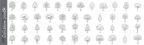 Various tree types line icon set – CAD style editable outline symbols of deciduous, conifer, pine, oak and garden trees