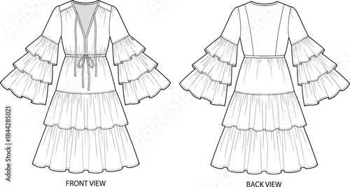 Dress, fashion, illustration, ruffle, tiered, V-neck, drawstring, sleeve, long, voluminous, fitted, waist, front, back, view, garment, design, apparel, sketch, flat vector illustration