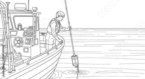 Fisherman on boat lowering fishing net into water