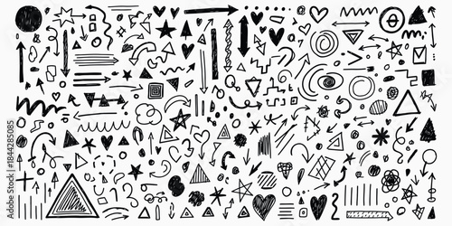 Black and white doodle shapes isolated on transparent background