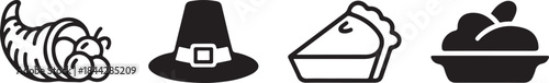 Classic Thanksgiving holiday symbols including cornucopia pilgrim hat pie slice and food bowl icons for celebration designs