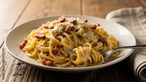 Fototapeta Naklejka Na Ścianę i Meble -  Delicious Spaghetti Carbonara with Pancetta and Parmesan Cheese.