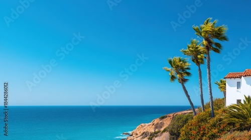 Vacation home insurance, A serene coastal scene showcasing palm trees swaying against a backdrop of clear blue skies and calm ocean waters.