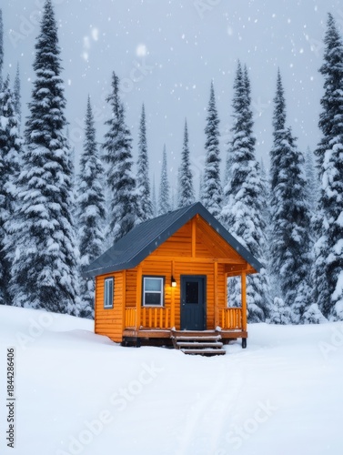 Vacation home insurance, A cozy orange cabin stands amidst snow-covered trees, surrounded by a serene winter landscape as snowflakes gently fall.