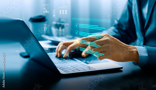 Digital task management and productivity concept with businessman using laptop and virtual checklist to organize workflow, track progress, and improve project planning efficiency