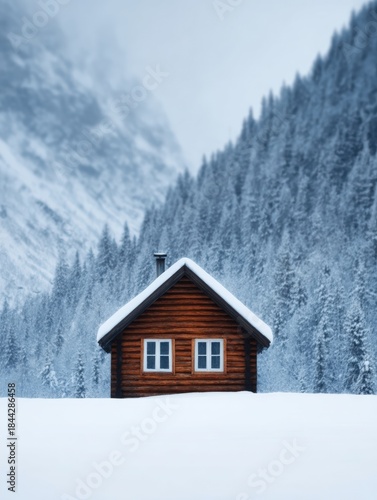 Vacation home insurance, A cozy wooden cabin surrounded by snow-covered mountains and evergreen trees, creating a serene winter landscape.