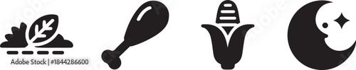 Collection of diverse flat black icons showing a leafy plant a chicken leg corn cob and a crescent moon with a shining star