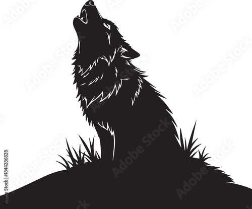 Black silhouette of a howling wolf standing on a hill with grass and a full moon in the background