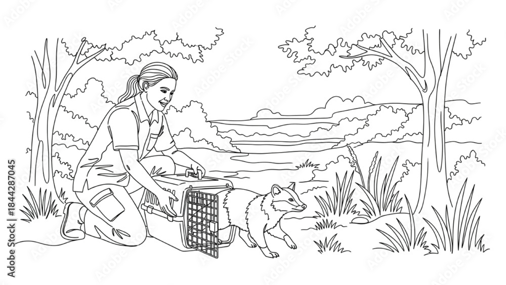 Fototapeta premium High-Quality Black Continuous Line Art of Wildlife Biologist Releasing Rehabilitated Animal into Natural Habitat