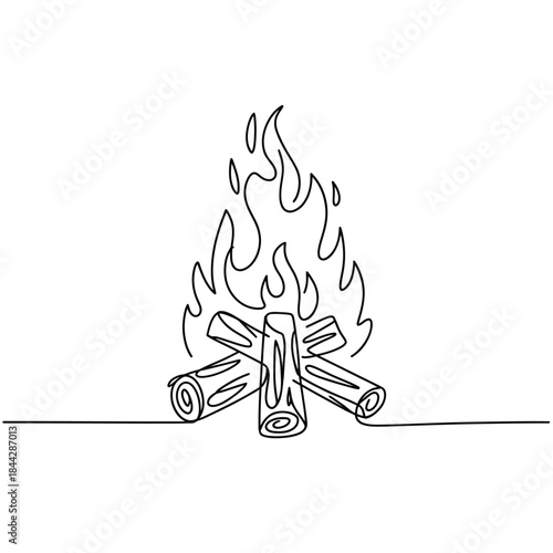 A simple line drawing depicts a campfire with burning flames and logs