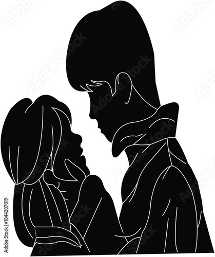 Romantic Couple Facing Each Other Line Art Illustration