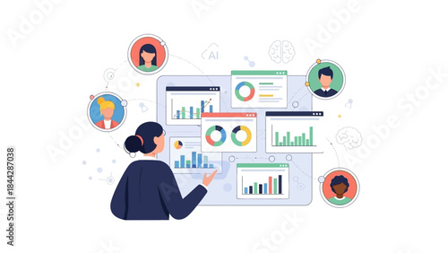 Collaborative Data Analysis Professional interpreting interactive dashboards, connecting with a diverse team for strategic insights and efficient project management