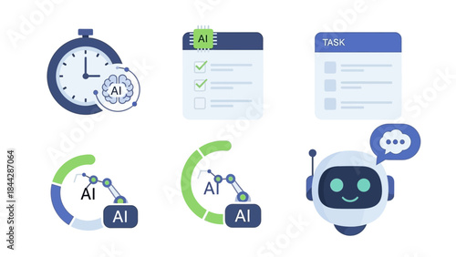Modern flat vector icons representing Artificial Intelligence concepts for enhanced productivity, smart automation, efficient task management, and optimized time solutions in technology