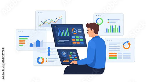 Business analytics and data visualization with charts and graphs displayed on multiple screens