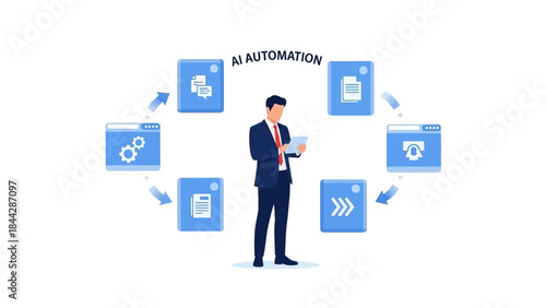 Business automation and digital transformation concepts illustrated with an icon of a man and surrounding technology icons