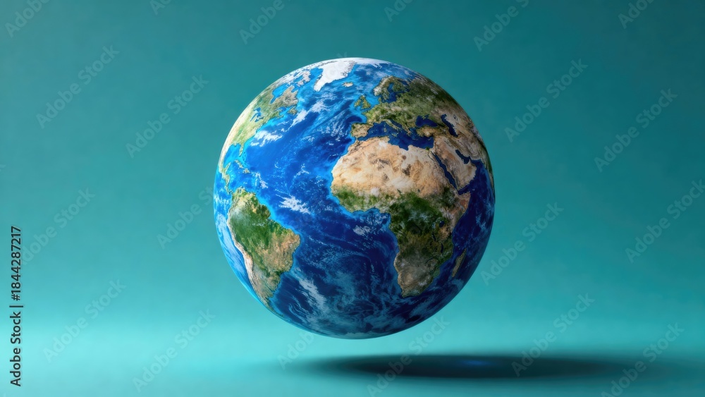 Fototapeta premium Earth globe showing continents and oceans with a shadow below. Global environmental conservation concept for Earth Day or recycling.
