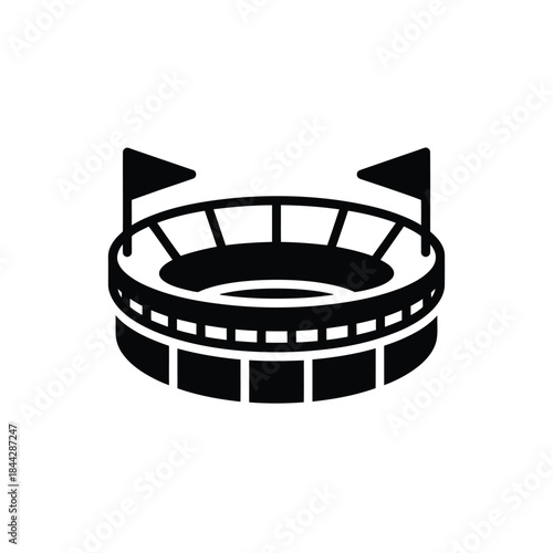 Simple black and white illustration of a stadium with flags