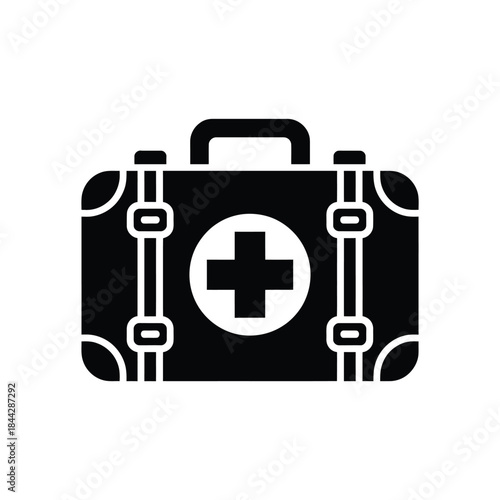 A simple black and white icon depicting a vintage medical suitcase