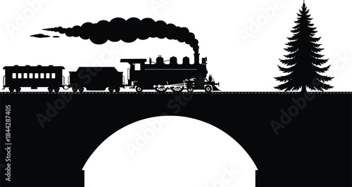 Vintage steam train silhouette crossing a bridge with smoke and tree scenery, perfect for travel themes, historical artwork, transport graphics, and landscapes
