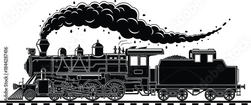 Vintage steam locomotive illustration with detailed engine, smokestack, and railway tracks, perfect for historical designs, transportation artwork, and retro themes