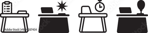Collection of four office desk icons representing work productivity deadlines and creative ideas with communication elements