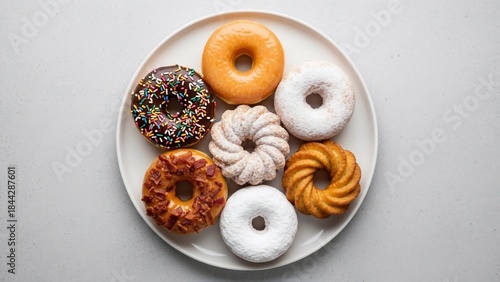 Assortment of Delicious Doughnuts on a White Plate.