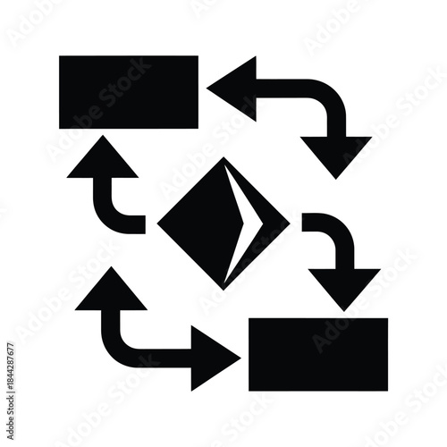 Simple black and white graphic of arrows and geometric shapes