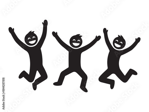 Three happy stick figures jumping in the air