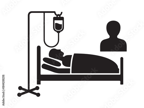 Black silhouette of a patient lying in a hospital bed with an iv drip