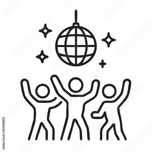 a simple black and white line drawing depicts a disco ball above three people celebrating with raised arms