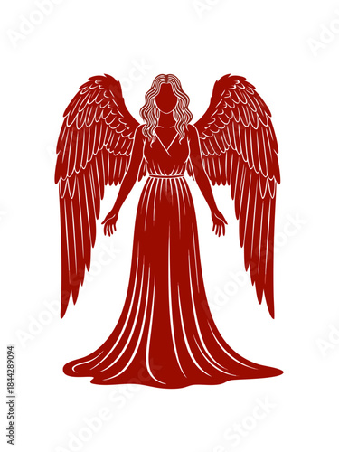 A stylized illustration of a winged figure in a flowing red gown, with outstretched arms and detailed feathered wings.