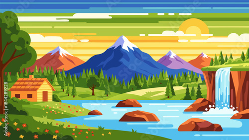 A vibrant, stylized illustration of a serene mountain landscape with a cozy cabin, a flowing river, and a cascading waterfall under a bright, sunny sky.