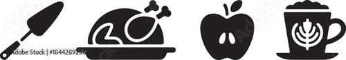 Detailed black silhouette kitchen and food icons collection featuring turkey apple coffee and cake server
